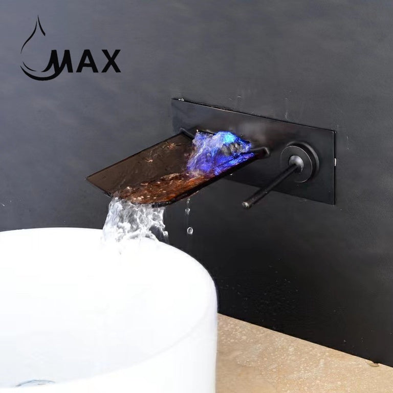 Wall Mounted Bathroom Faucet Waterfall With LED Light Matte Black