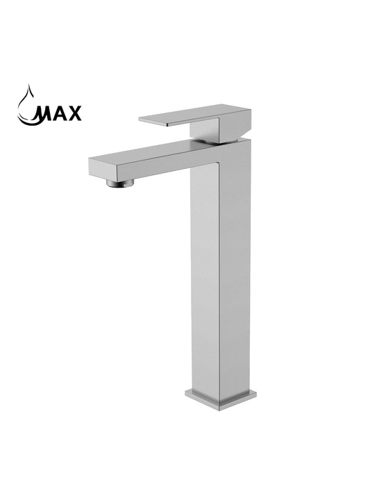Brushed Nickel Single Handle Vessel Bathroom Faucet Elegance Square Design 11.5"