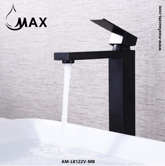 Matte Black Single Handle Vessel Bathroom Faucet Elegance Square Design 11.5"