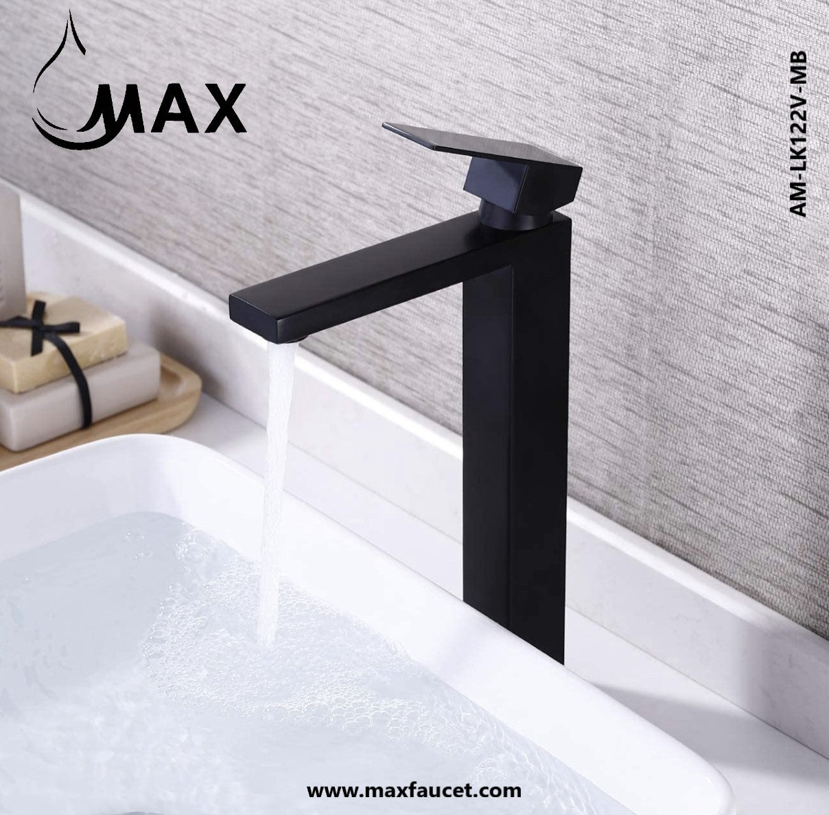 MAX Faucets | 11.5" Tall Square Vessel Bathroom Faucet – Matte Black, Single Handle Modern Design