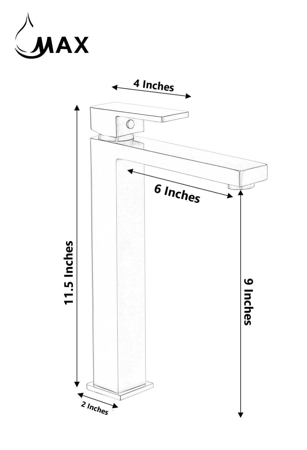 MAX Faucets | 11.5" Tall Square Vessel Bathroom Faucet – Matte Black, Single Handle Modern Design