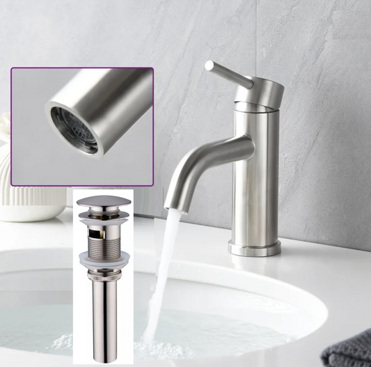 Single Handle Bathroom Faucet Round Design With Pop-UP Drain Brushed Nickel