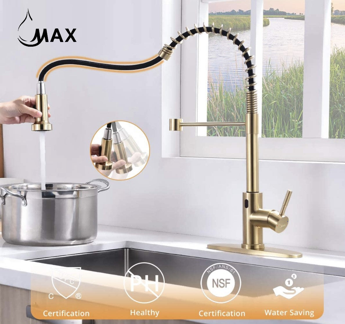 Smart Touch-Less Kitchen Faucet Pull-Out Spring Spout 20" Brushed Gold Finish