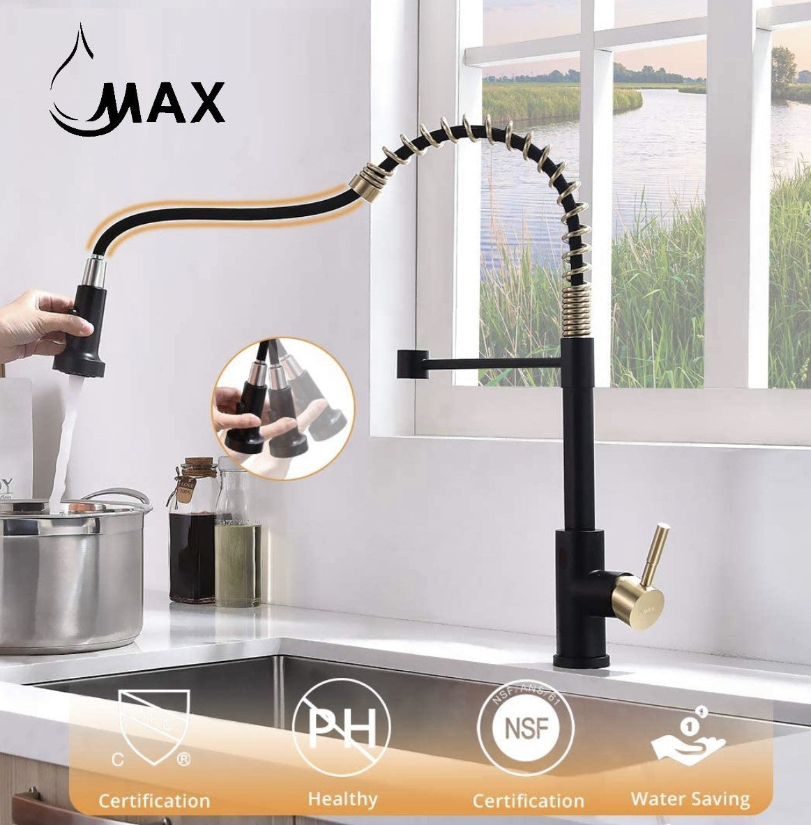Smart Touch-Less Kitchen Faucet Pull-Out Spring Spout 20" Matte Black, Brushed Gold Finish