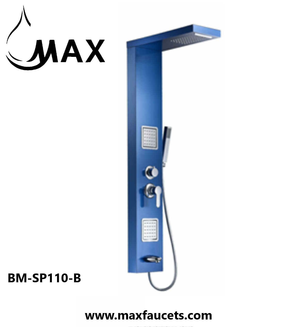 MAX Faucets | Rainfall Shower Panel System with 2 Massage Jets, Handheld, and Spout – Blue Finish