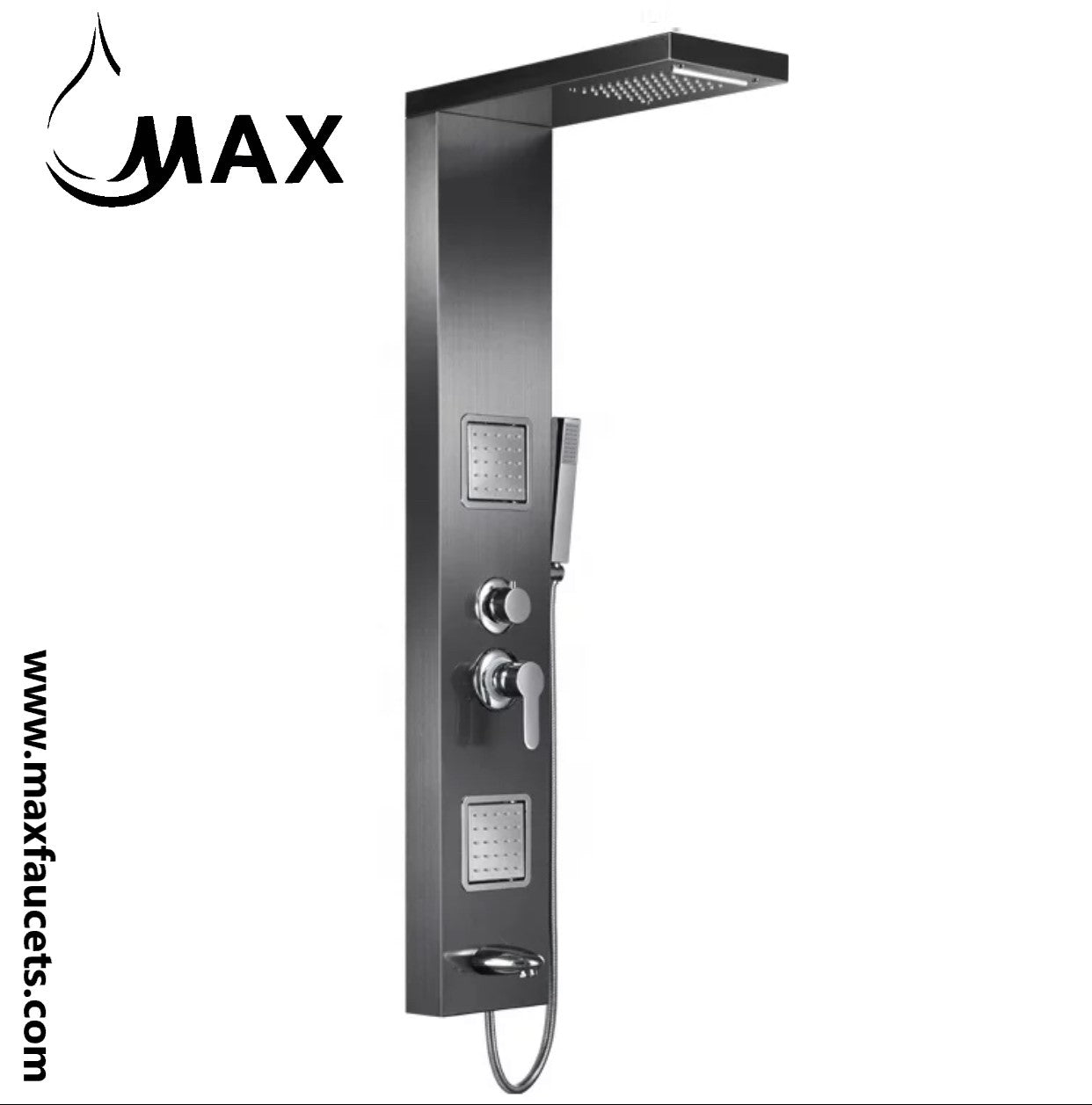 MAX Faucets | Rainfall Shower Panel System with 2 Massage Jets, Handheld, and Spout – Black Finish