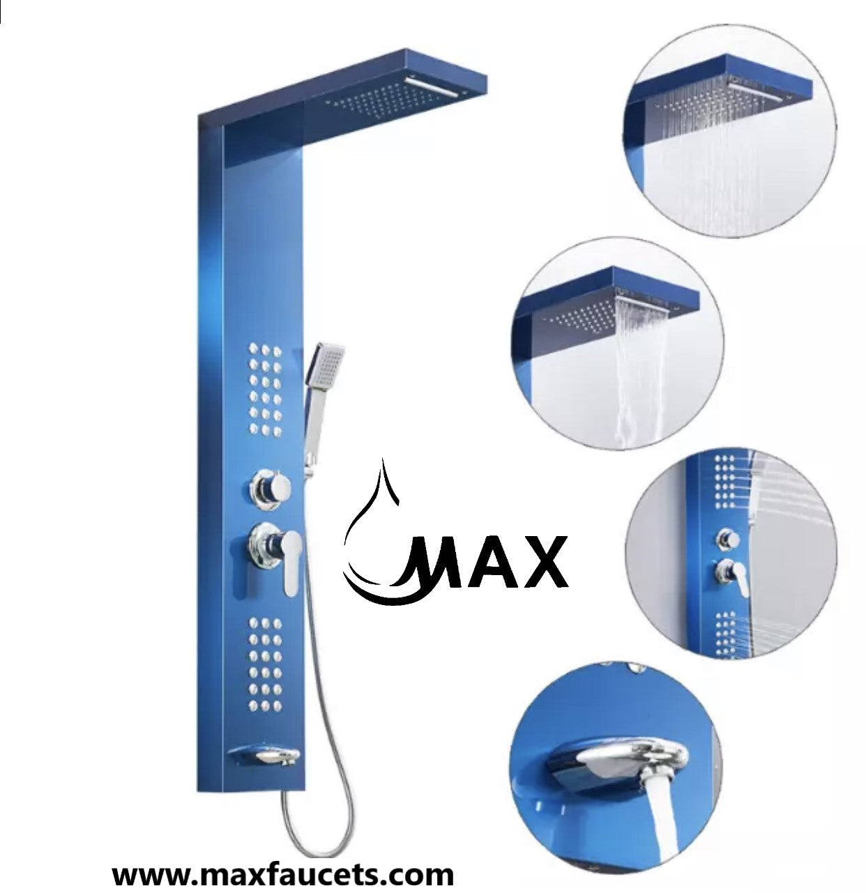 MAX Faucets | Rainfall Shower Panel System with 2 Massage Jets, Handheld, and Spout – Blue Finish