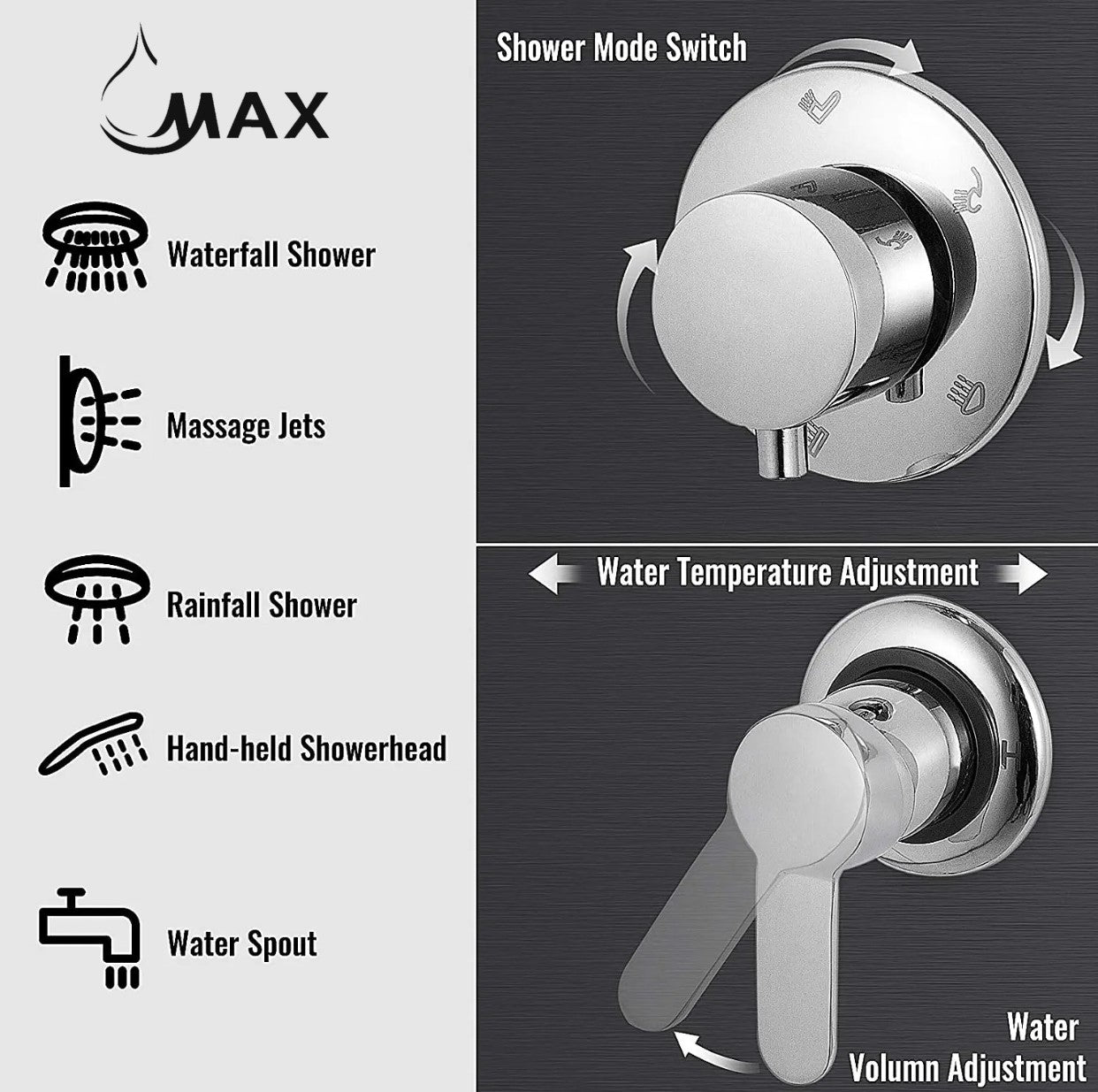 MAX Faucets | Rainfall Shower Panel System with 2 Massage Jets, Handheld, and Spout – Chrome Finish