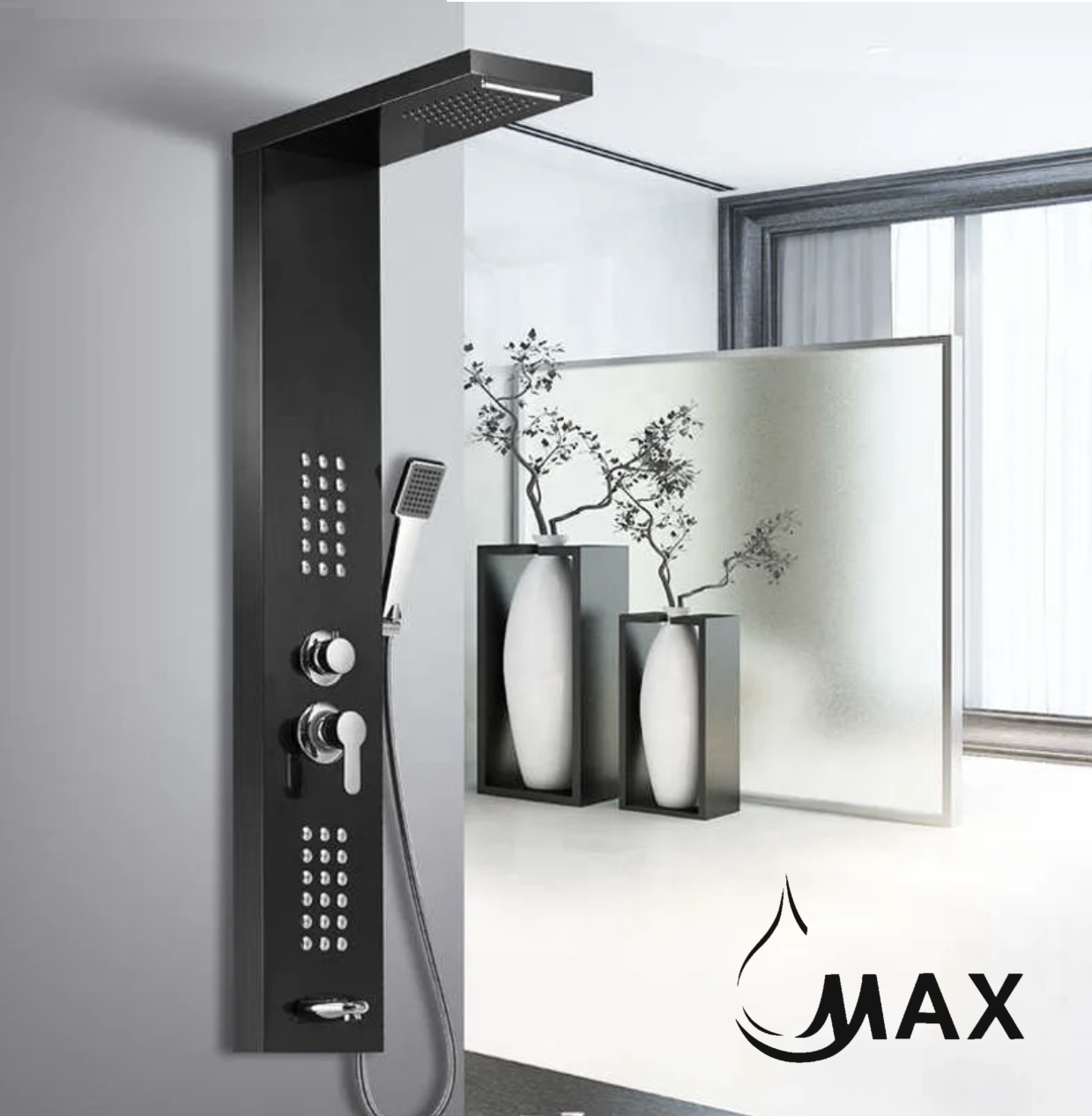 MAX Faucets | Rainfall Shower Panel System with 2 Massage Jets, Handheld, and Spout – Black Finish