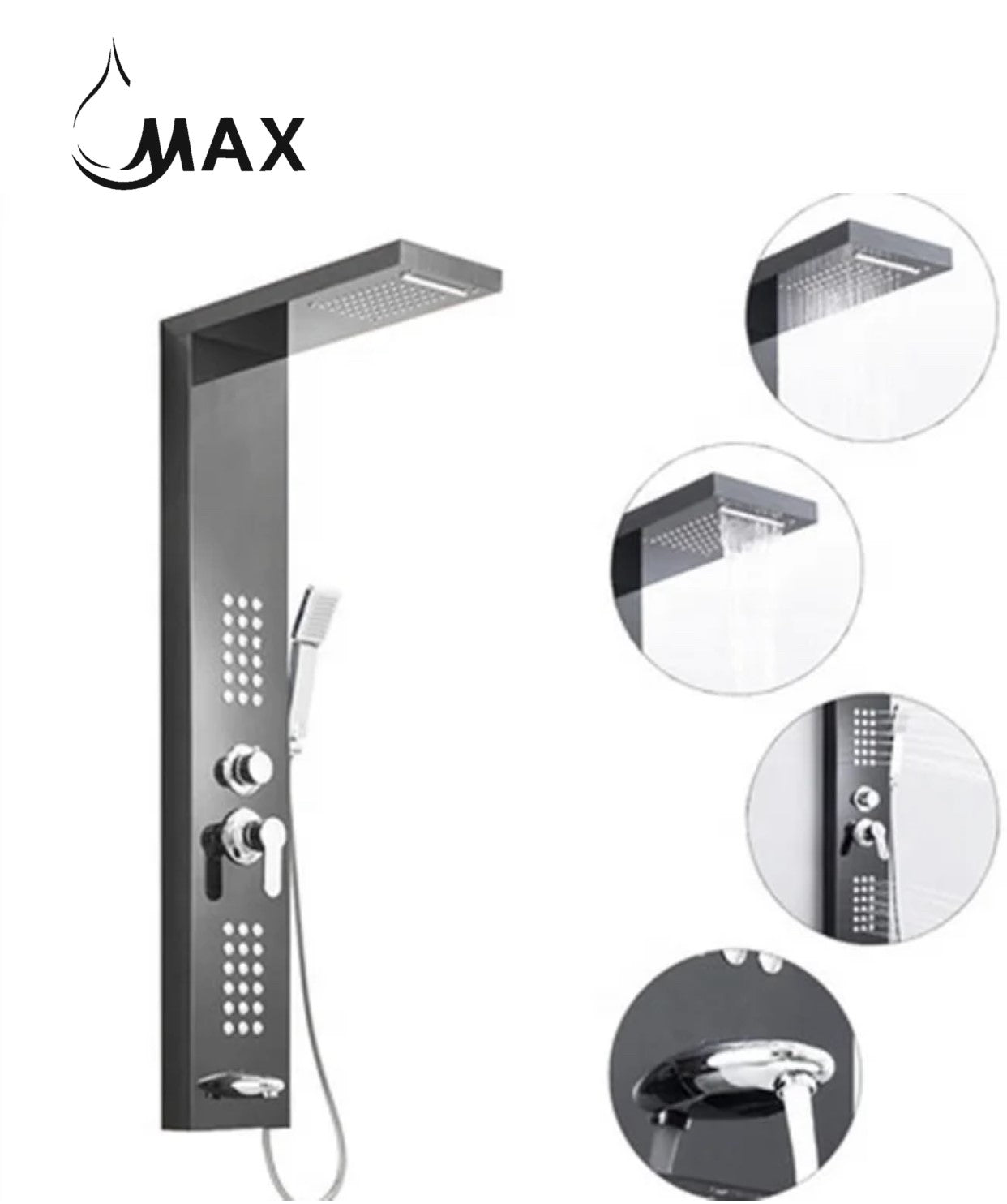 MAX Faucets | Rainfall Shower Panel System with 2 Massage Jets, Handheld, and Spout – Black Finish
