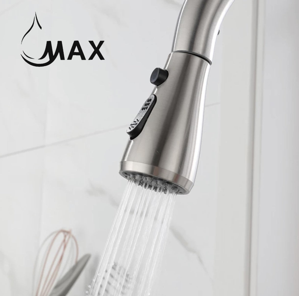 Pull-out kitchen faucet with extended hose and spray head in brushed nickel