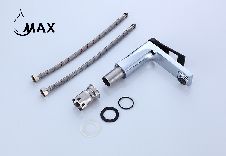 Chrome bathroom faucet with supply hoses, mounting hardware and installation guide