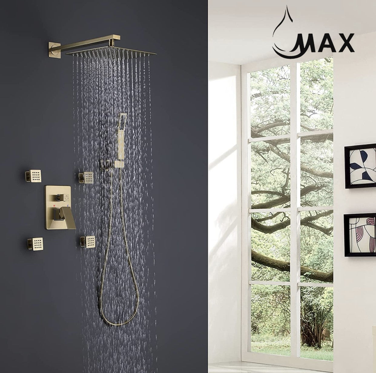 MAX Faucets Luxury bathroom featuring a brushed gold shower system