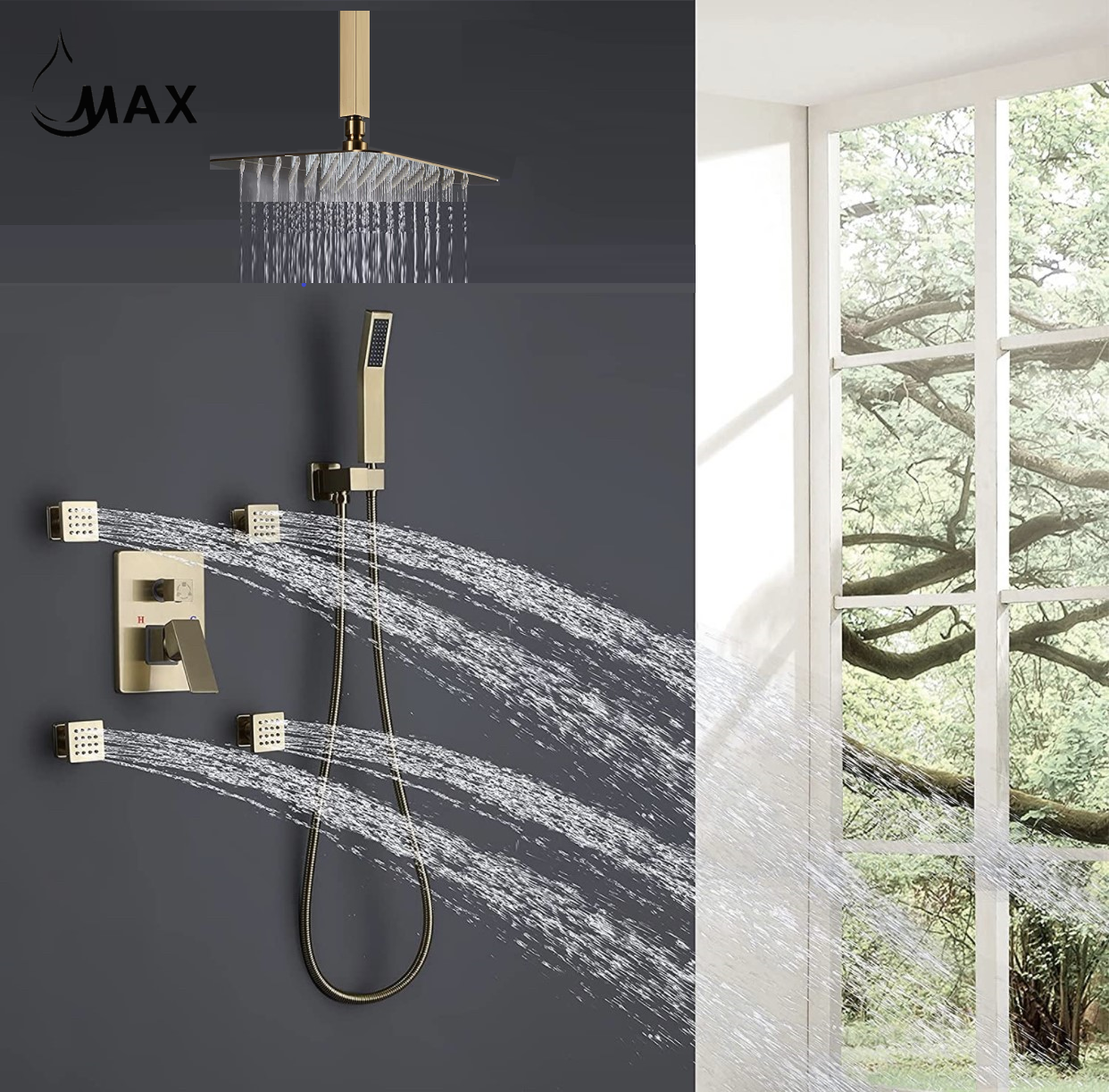 MAX Faucets Complete brushed gold ceiling-mounted shower system with rainfall shower head, handheld shower and 4 body jets