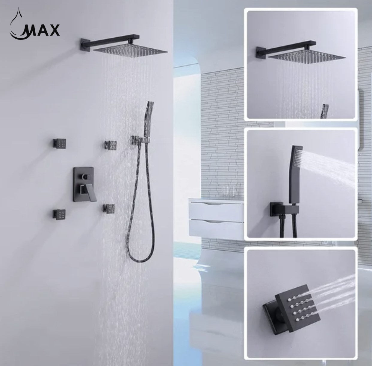 Front view of MAX Faucets matte black shower system with body jets