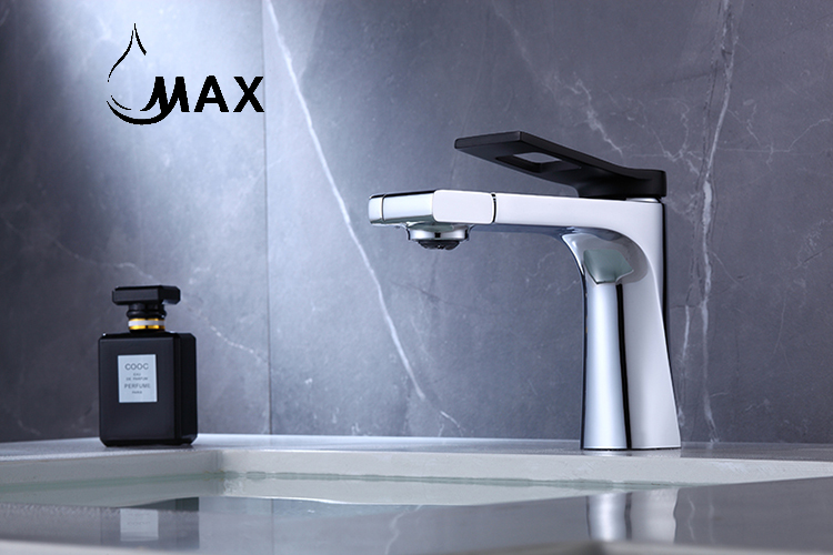Side view of chrome bathroom faucet with long rotating spout