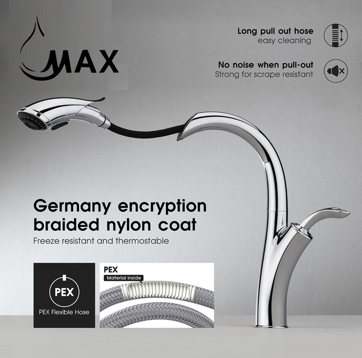 Gooseneck Single Handle Pull-Out Kitchen Faucet – 15" Chrome Finish | MAX Faucets
SKU: MO-D922-C