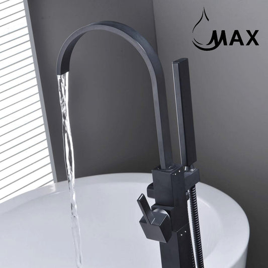 Tub Filler Faucet Single Handle Floor Mount With Handheld Shower Matte Black Finish