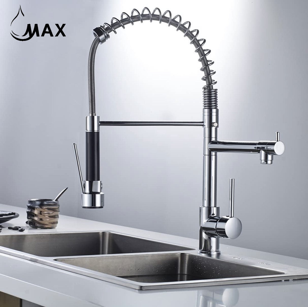 MAX Faucets | Pre-Rinse Chef Style Kitchen Faucet Hands-Free Pull-Down Flexible with Separate Pot Filler Spout – 19" Chrome Finish
