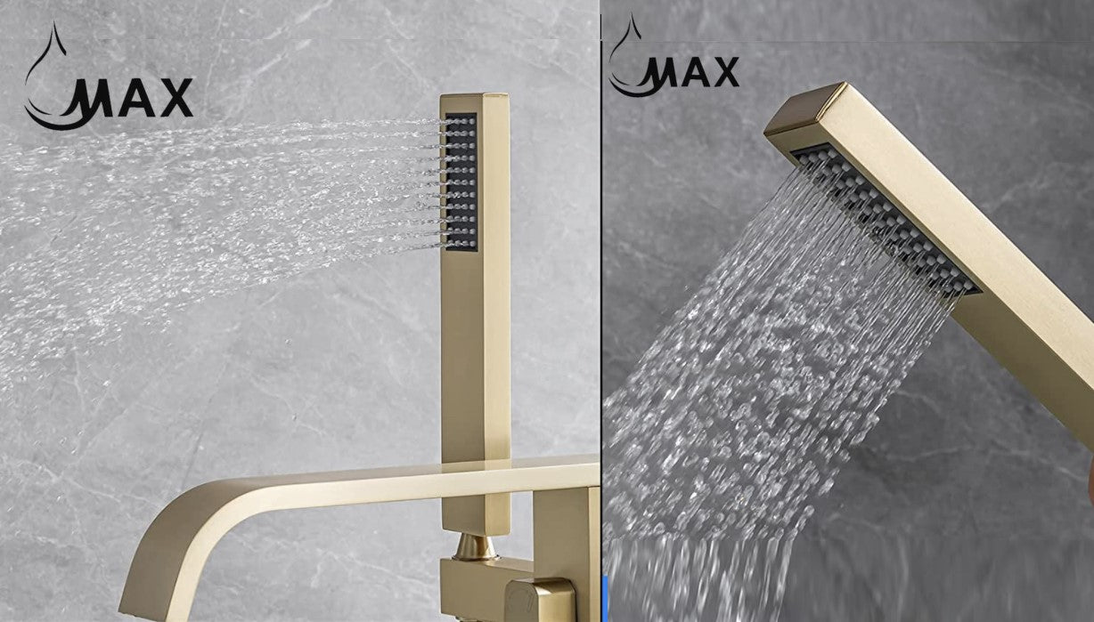 MAX Faucets | Waterfall Tub Filler Faucet Single Handle Floor Mounted With Rough-In And Handheld Brushed Gold Finish