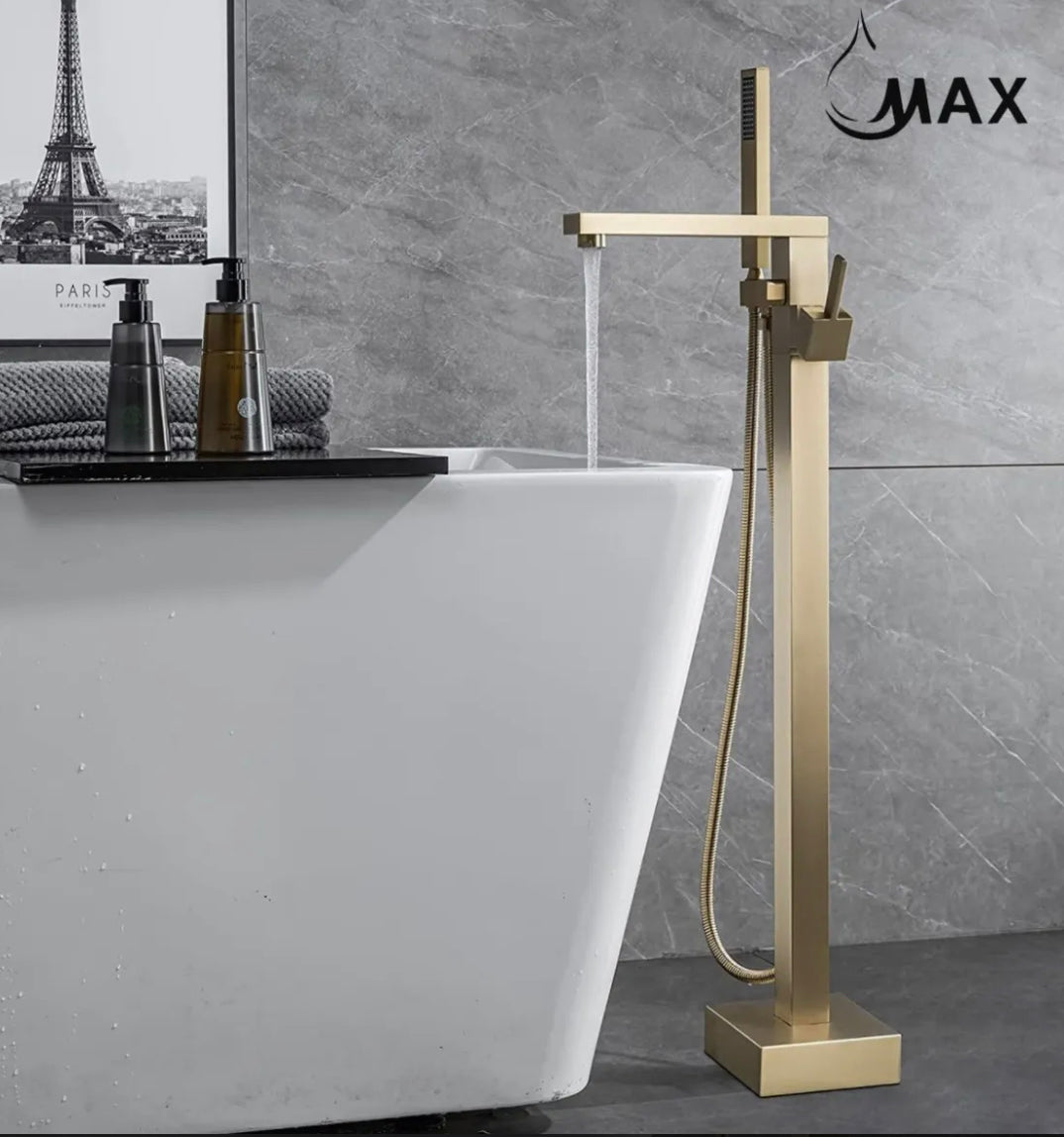 Freestanding Bathtub Faucet Brushed Gold Tub Filler Faucet Floor Mounted Single Handle With Rough-In And Handheld