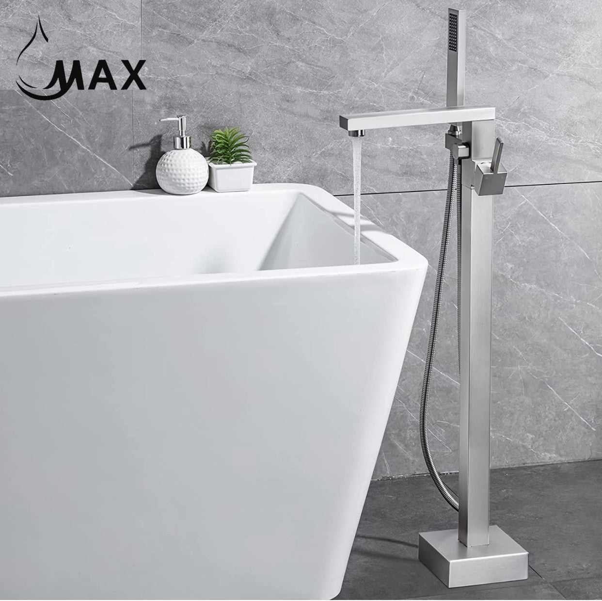 Freestanding Bathtub Faucets Floor Mounted Single Handle With Rough-In And Handheld Brushed Nickel Finish