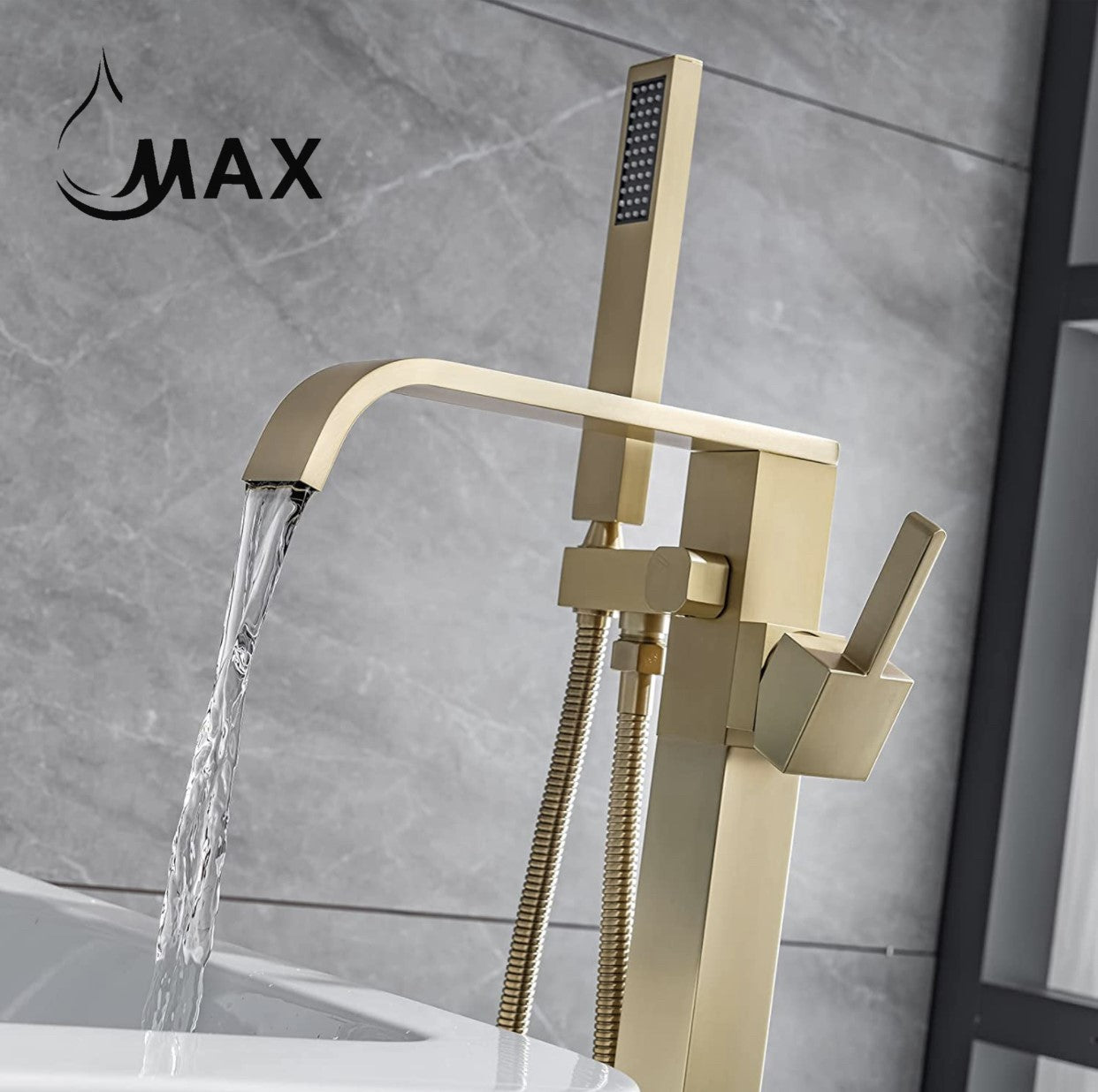 A MAX Faucets waterfall freestanding bathtub faucet with single handle in brushed gold finish, floor-mounted, including a handheld shower, installed in a bathroom setting.
