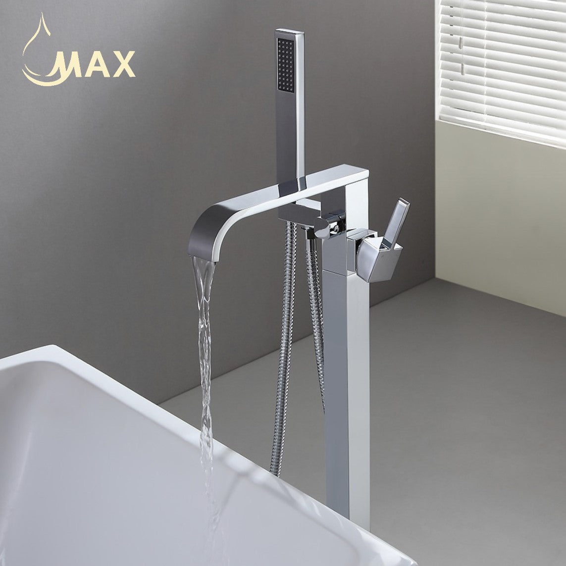 MAX Faucets-Waterfall Spout Tub Filler Faucet Single Handle Floor Mounted With Rough-In And Handheld Chrome Finish