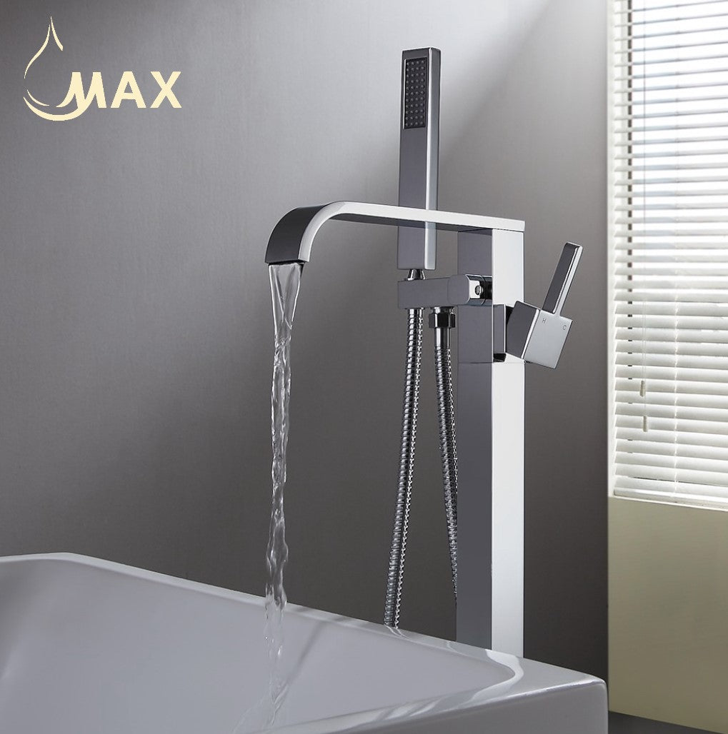 Waterfall Spout Tub Filler Faucet Single Handle Floor Mounted With Rough-In And Handheld Chrome Finish