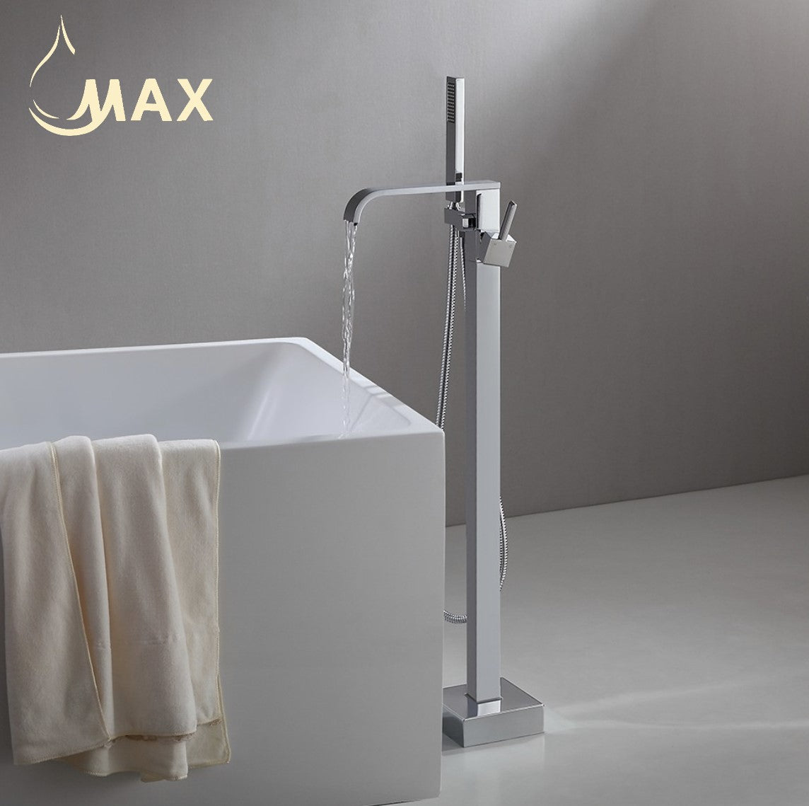 MAX Faucets-Waterfall Spout Tub Filler Faucet Single Handle Floor Mounted With Rough-In And Handheld Chrome Finish