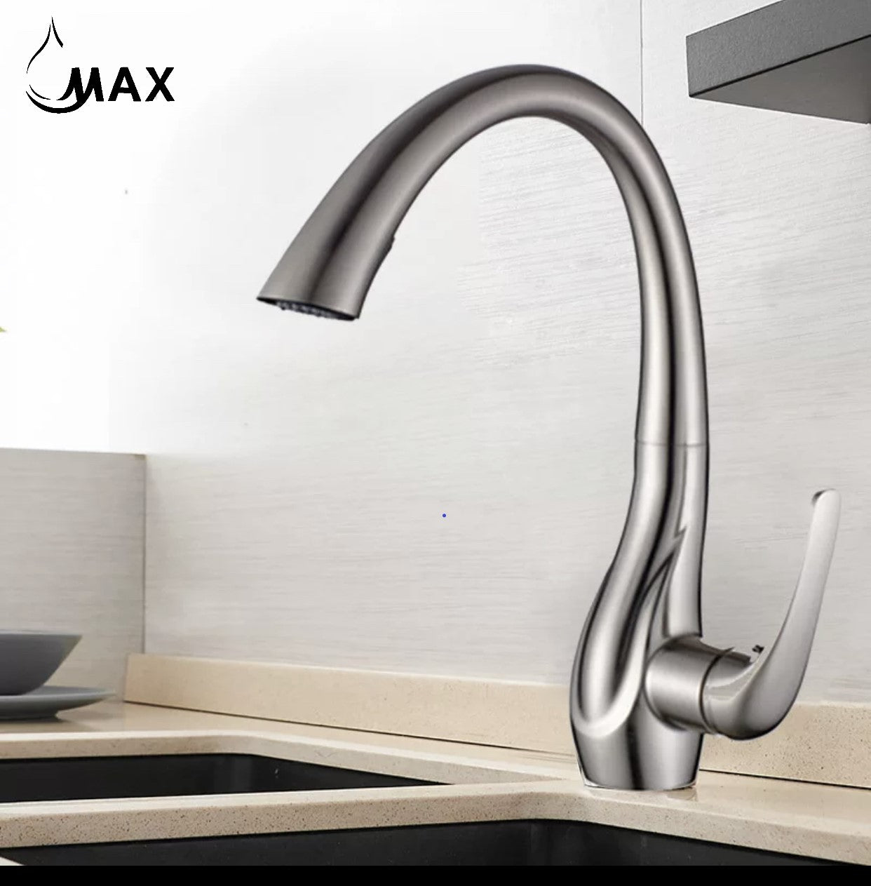Gooseneck Kitchen Faucet Single Handle Pull-Out 14" Brushed Nickel Finish