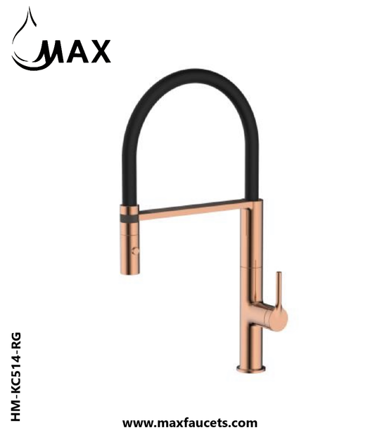 Flexible Pull-Down Kitchen Faucet 18" Rose Gold/ Black Rubber Finish.