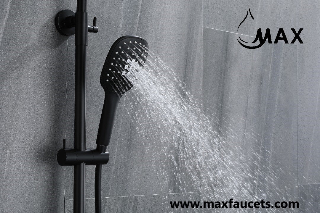 Thermostatic Shower System Waterfall Tub Rain Three Functions Matte Black Finish
