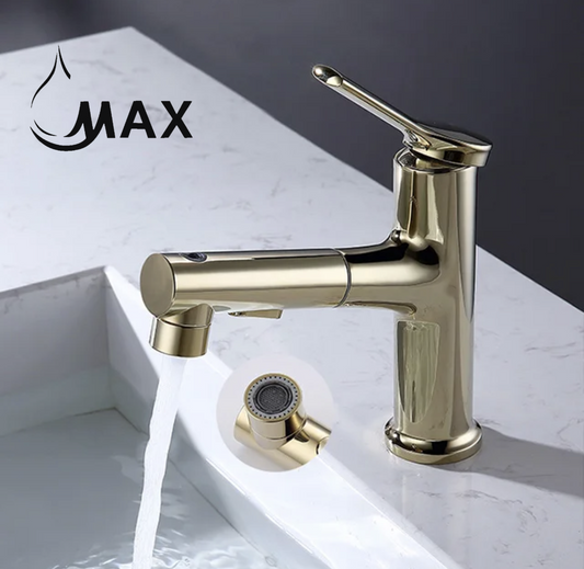 Pull-Out Bathroom Faucet 3 Functions Gold Finish