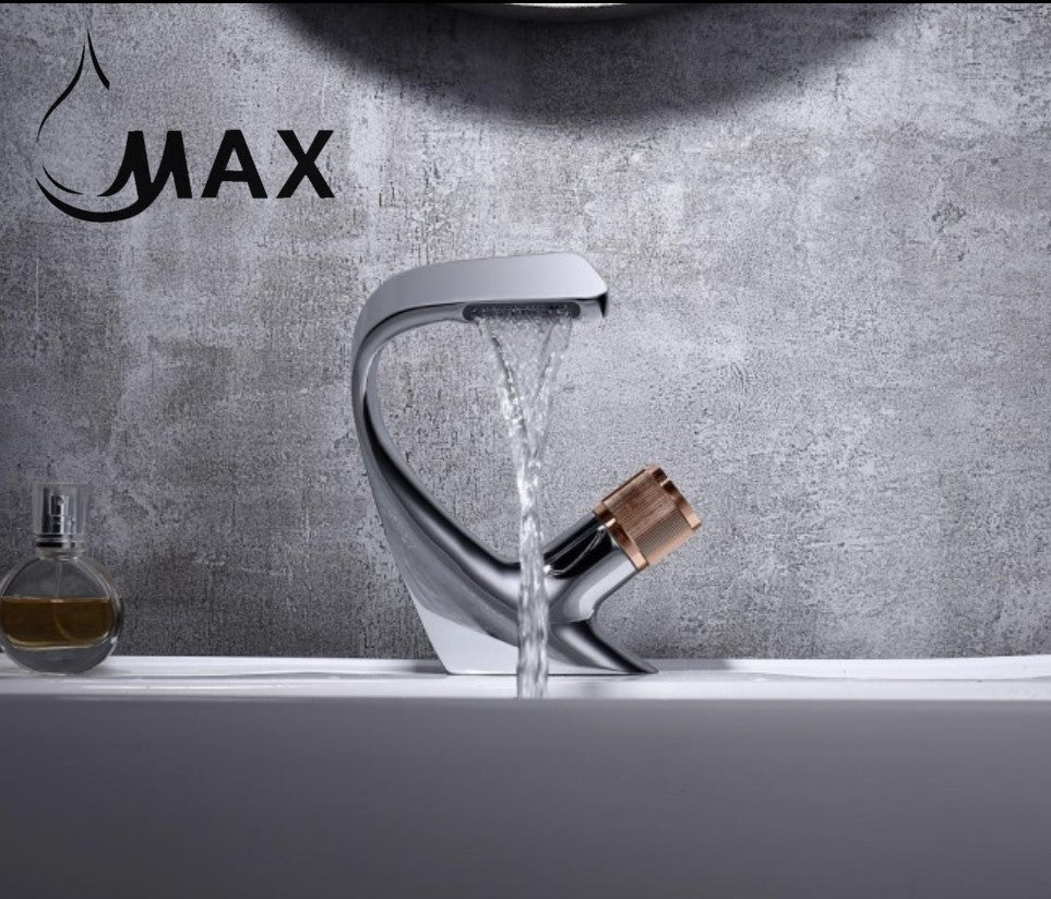 Waterfall Side Knob Contemporary Bathroom Faucet In Chrome/ Rose Gold Finish