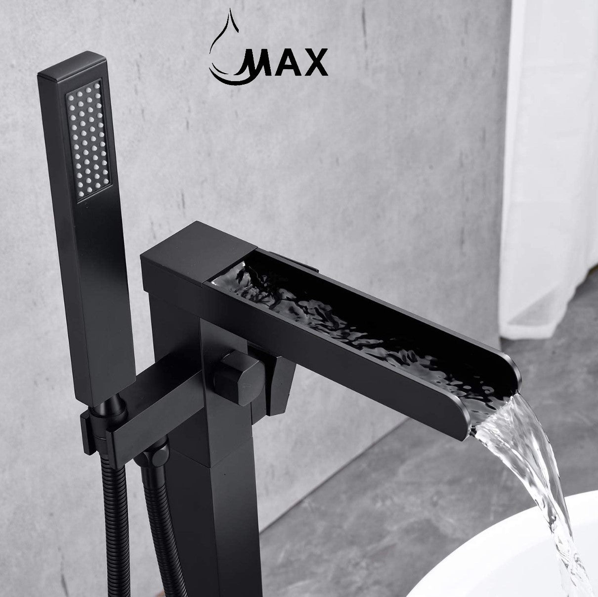 Waterfall Tub Filler Faucet Single Handle Floor Mount With Rough-In And Handheld Matte Black Finish