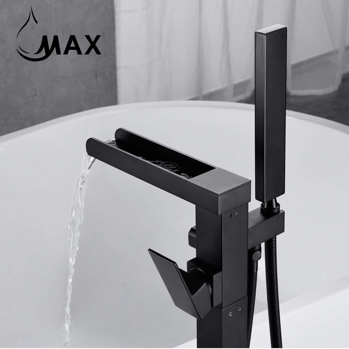 Waterfall Tub Filler Faucet Single Handle Floor Mount With Rough-In And Handheld Matte Black Finish