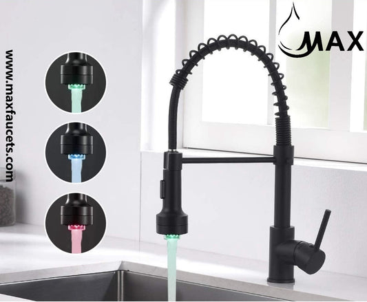 Pull-Down Spiral Flexible Kitchen Faucet 16.5" With LED Light Matte Black Finish