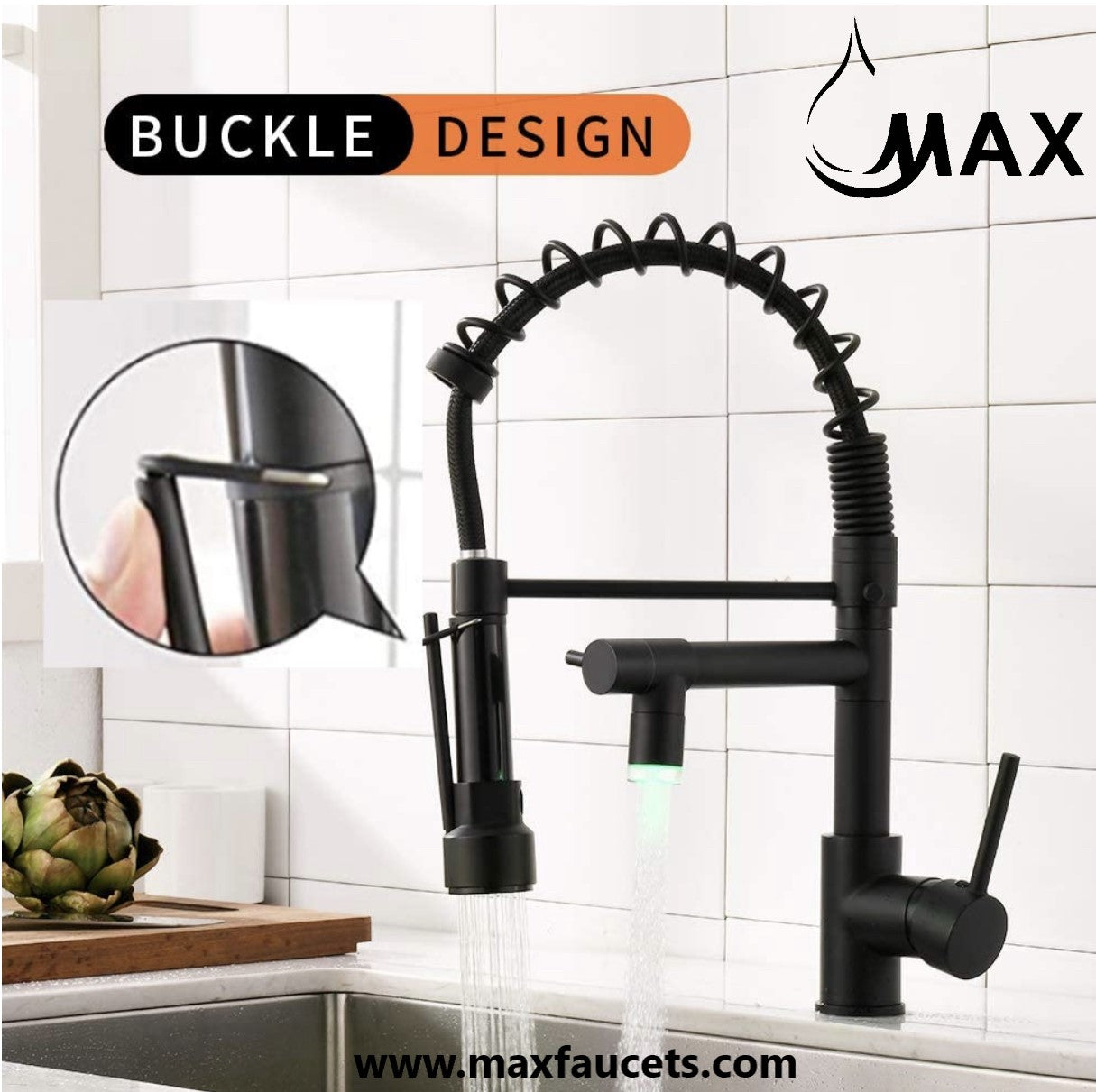 Pull-Down Flexible Kitchen Faucet With Separate Pot Filler Spout and LED Light 19" Matte Black Finish