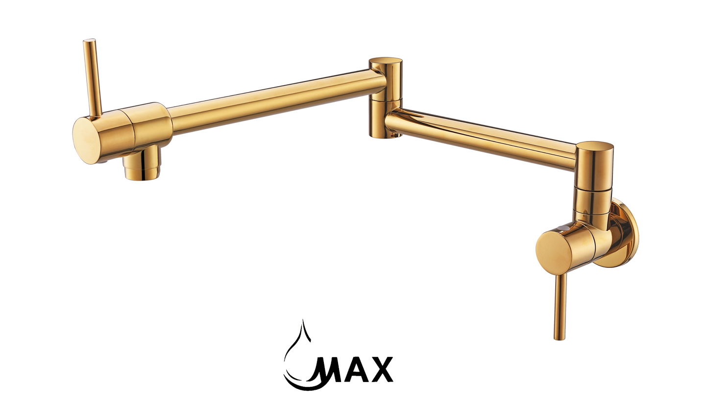 Pot Filler Faucet Double Handle Modern Contemporary Wall Mounted 20" With Accessories Shiny Gold Finish