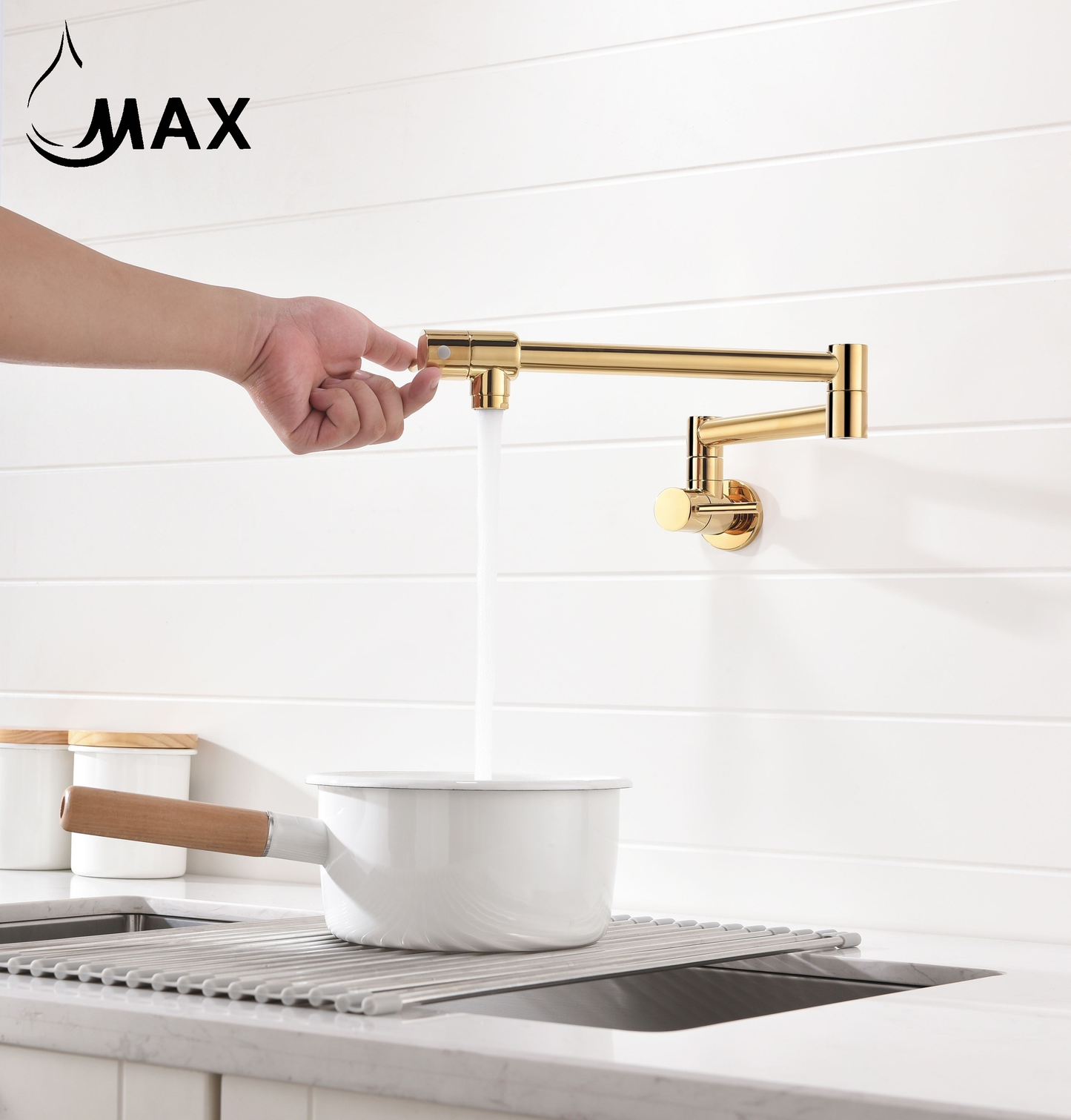 Pot Filler Faucet Double Handle Modern Contemporary Wall Mounted 20" With Accessories Shiny Gold Finish