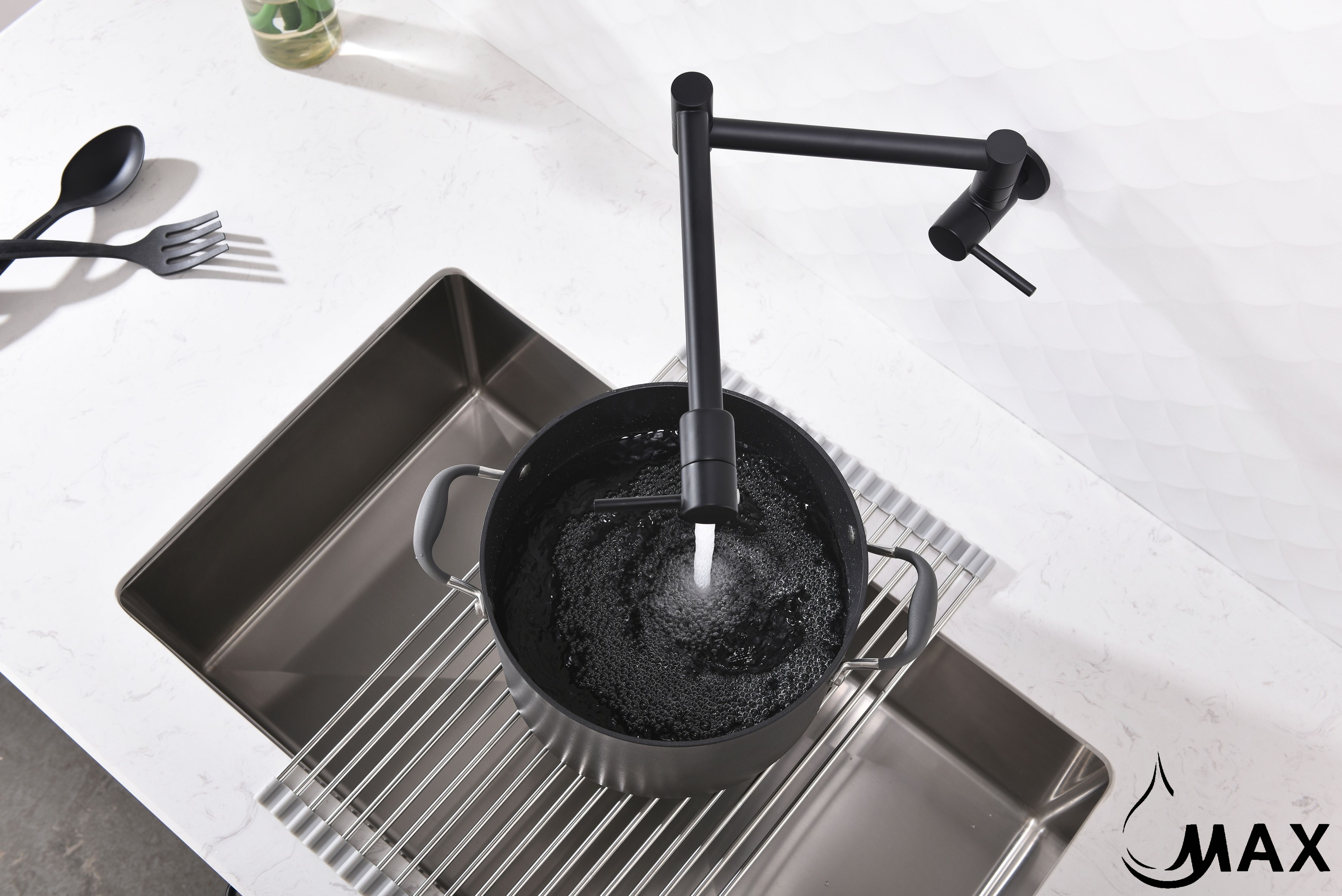 Pot Filler Faucet Double Handle Modern Contemporary Wall Mounted 20" With Accessories Matte Black Finish