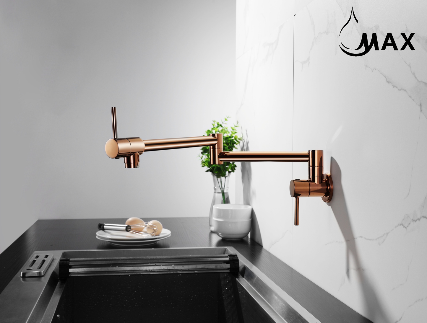 Pot Filler Faucet Double Handle Modern Contemporary Wall Mounted 20" With Accessories Rose Gold Finish