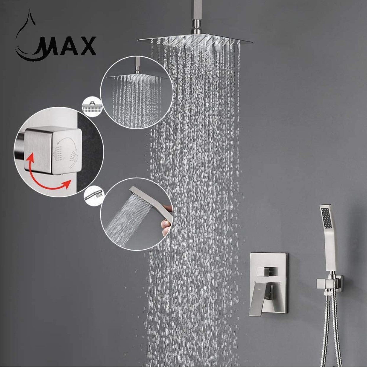 MAX Faucets Ceiling Square Shower System Two Functions With Pressure-Balance Valve Brushed Nickel YM-MC6225-BN