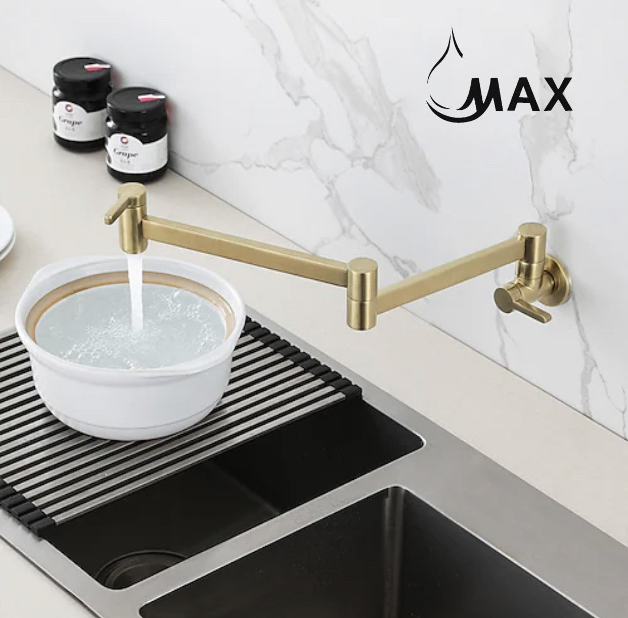 MAX Faucets Pot Filler Faucet – Double Handle Wall Mount Brushed Gold Finish, 20 Inch Reach, Premium Brass