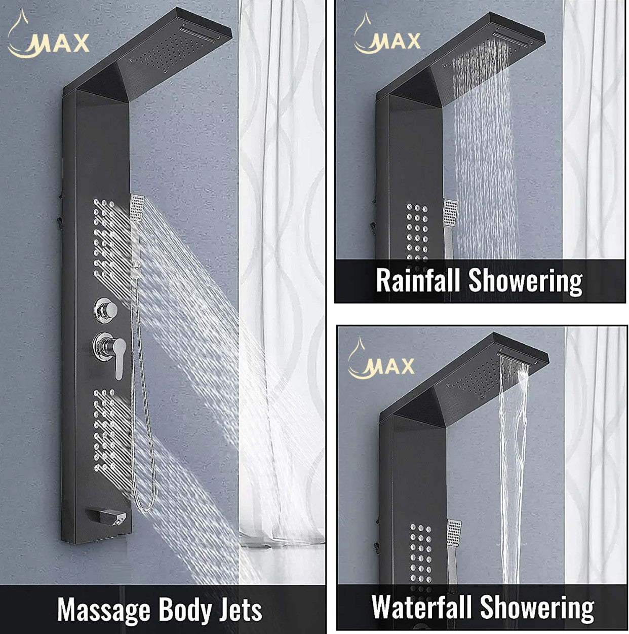 MAX Faucets | Rainfall Shower Panel System with 2 Massage Jets, Handheld, and Spout – Black Finish BM-SP111-MB