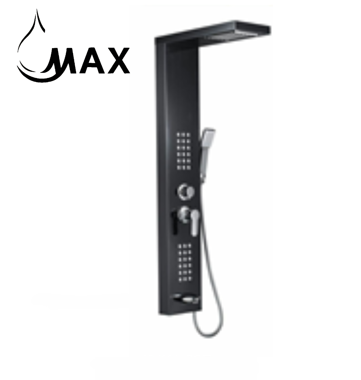 MAX Faucets | Rainfall Shower Panel System with 2 Massage Jets, Handheld, and Spout – Black Finish BM-SP111-MB