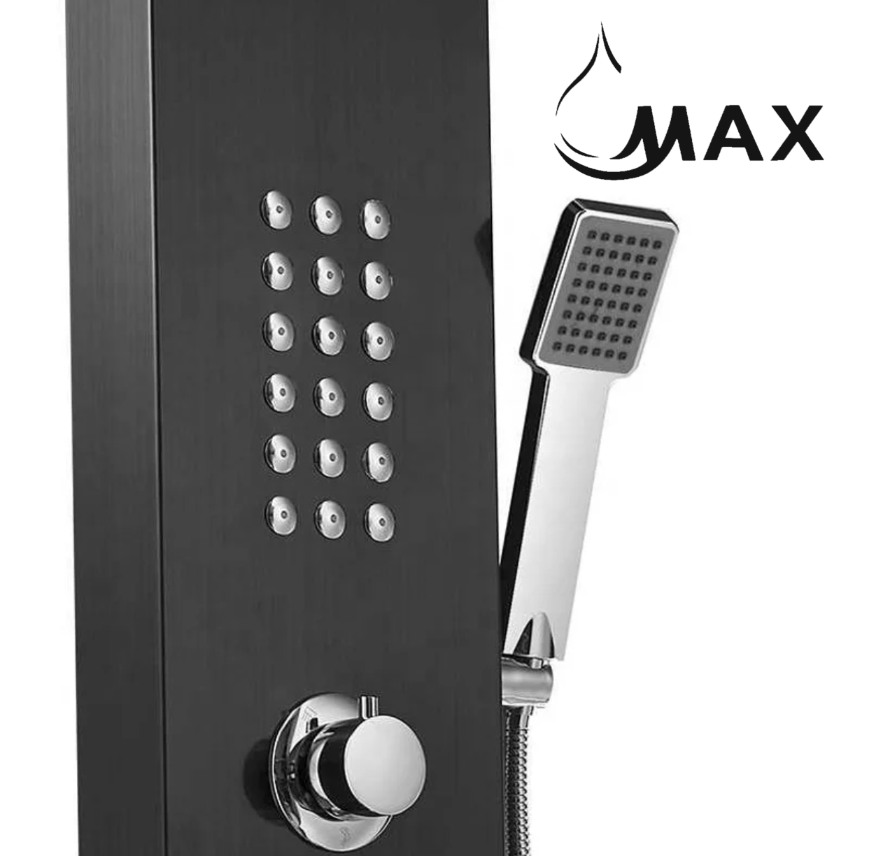 MAX Faucets | Rainfall Shower Panel System with 2 Massage Jets, Handheld, and Spout – Black Finish BM-SP111-MB