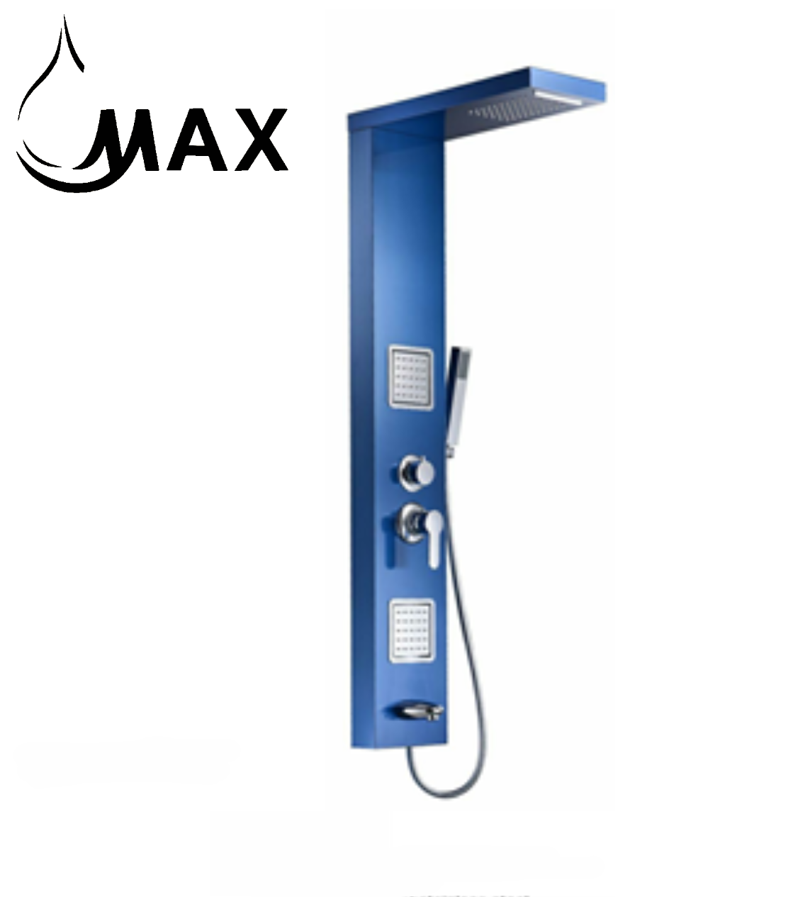 MAX Faucets | Rainfall Shower Panel System with 2 Massage Jets, Handheld, and Spout – Blue Finish BM-SP110-BL