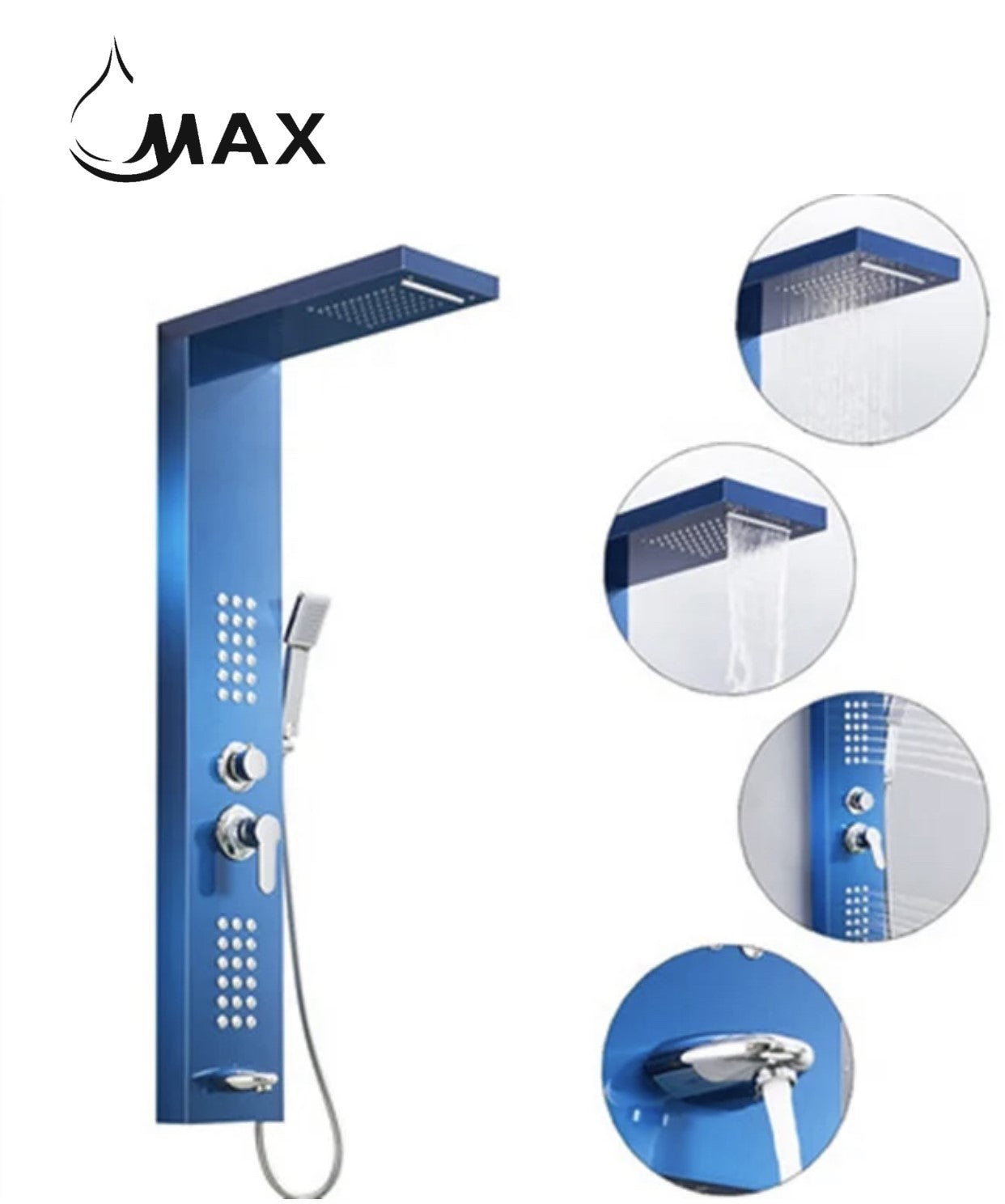MAX Faucets | Rainfall Shower Panel System with 2 Massage Jets, Handheld, and Spout – Blue Finish BM-SP111-BL